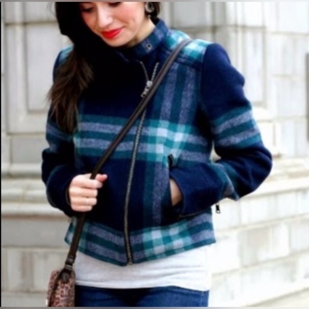 Gap Navy Blue Green Plaid Wool Blend Moto Jacket Quilted Inside Size Large - Picture 8 of 10